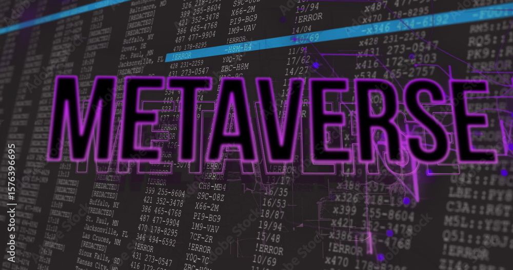 Fototapete displaying neon purple metaverse text covering code interface, showing errors and network diagram