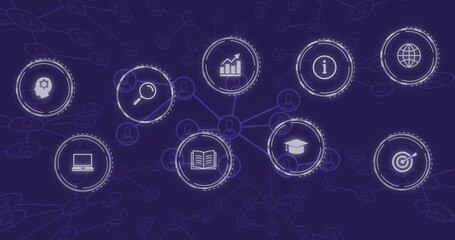 Displaying central user avatar linking 8 icons on purple network, with analytics search education