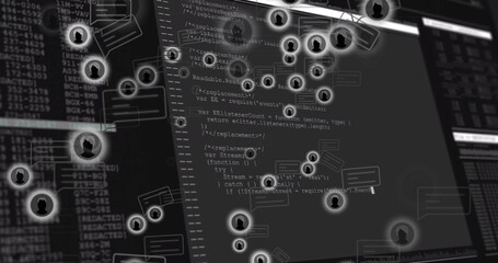 Displaying code editor panel with floating avatar and message icons at cybersecurity dashboard