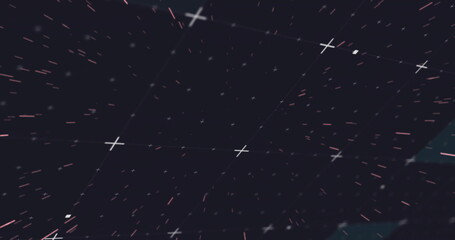 Forming 3D grid lines in digital space showing white plus markers, particles, streaks and triangles