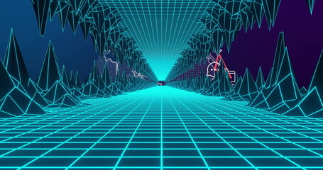 Resting small vehicle silhouette in wireframe tunnel, with glowing turquoise grid and neon icons