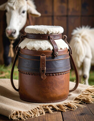 A rustic felt and leather container for fermented mare's milk (airag), showcasing nomadic ingenuity and tradition.