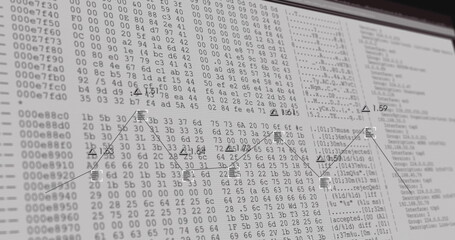 Displaying graph with triangular and square icons moving across monitor hex dump, with ASCII column
