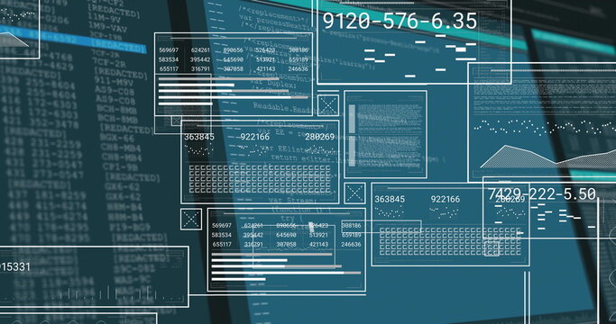 Translucent UI windows displaying code, data tables and line chart over dual monitors at desk