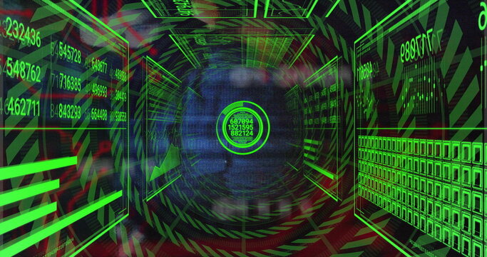 Displaying reticle projecting numeric strings in virtual corridor, with floating panels and graphs