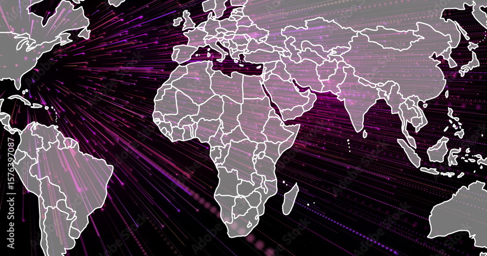 Poster streaming stylized world map sending data across regions in visualization, with purple pink streams