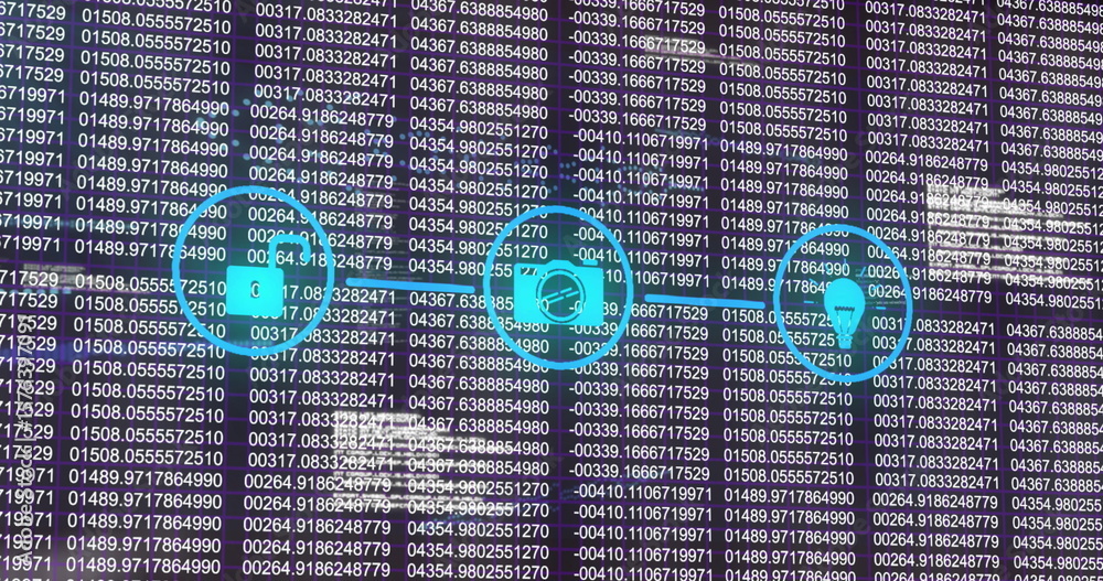 Poster displaying three connected padlock vault and shield icons floating on data dashboard with numbers
