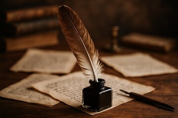 A classic quill pen rests in an inkwell amidst aged papers. Evokes a sense of vintage writing and historical charm.
