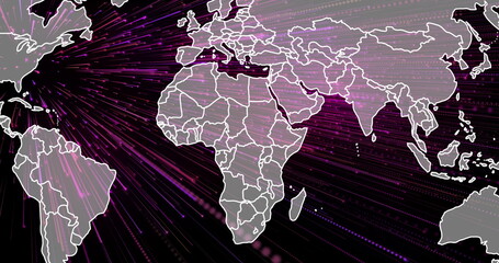 Obraz premium Streaming stylized world map sending data across regions in visualization, with purple pink streams
