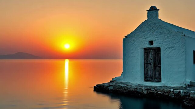 Sunrise over the calm waters of Paros, showcasing traditional Greek architecture, Sunrise on greek island Paros Greece architecture of Aegean sea culture