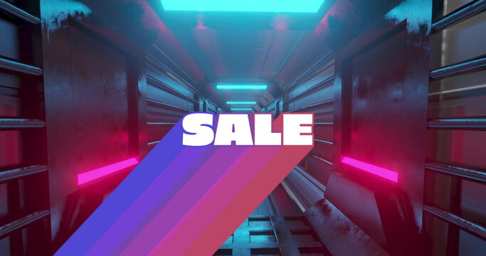 Floating 3D SALE sign glowing in futuristic metallic tunnel, with neon lights and geometric shadows - Powered by Adobe