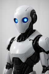 Sleek humanoid robot stands alert with glowing blue eyes.