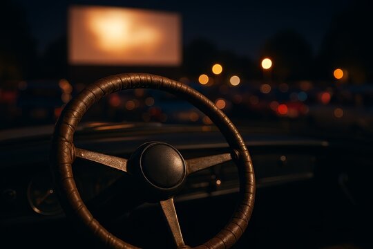 Fototapeta Nostalgic evening at a drive-in movie theater. Vintage car interior provides a classic view.