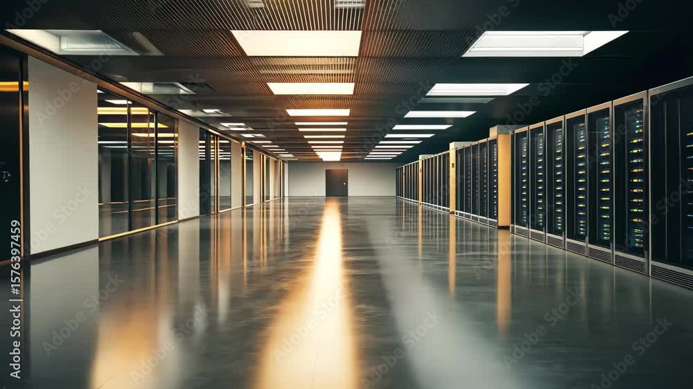 Poster empty interior of modern data centre featuring rows of server racks and bright overhead lighting, em
