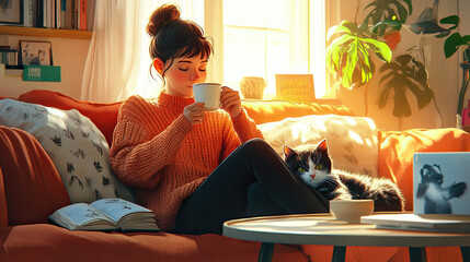 A woman in a cozy sweater sipping coffee while sitting on a comfortable couch in a well-lit living room. Her cat is curled up beside her, and a book is lying open on the coffee table. The sunlight