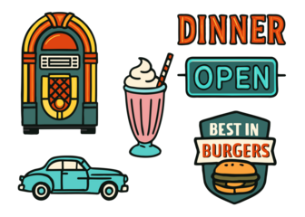 A retro diner scene with a jukebox, milkshake, vintage car, burger sign, a classic dining experience