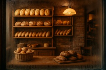 Obraz premium Warm glow illuminates fresh baked bread in a cozy bakery window. Inviting artisan loaves beckon from inside.