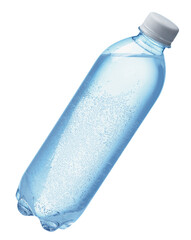 Plastic bottle with clean water in air on white background