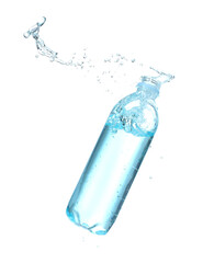 Plastic bottle with splashing water in air on white background