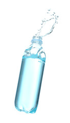 Plastic bottle with splashing water in air on white background