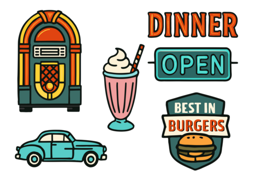 A retro diner scene with a jukebox, milkshake, vintage car, burger sign, a classic dining experience