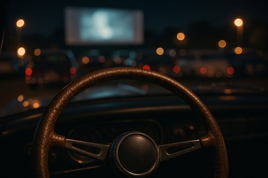 Fototapeta View from inside a vintage car at a drive-in movie.