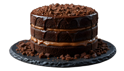 Decadent triple layer chocolate cake with caramel filling and chocolate ganache