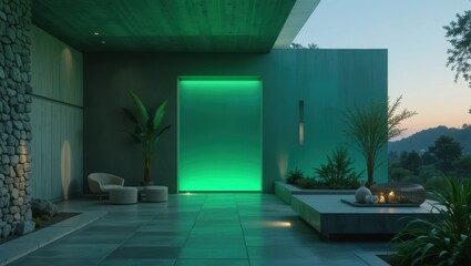 Modern Minimalist Outdoor Patio with Green Lighting and Surrounding Nature at Dusk