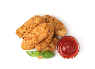 Tasty fried croquettes, basil and sauce isolated on white, top view