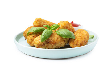 Tasty fried croquettes, basil and sauce isolated on white