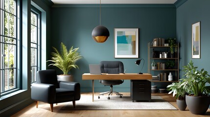 Modern Office Interior Design Featuring Green Walls and Stylish Furniture with Natural Light