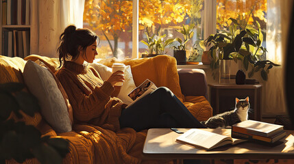 A woman in a cozy sweater sipping coffee while sitting on a comfortable couch in a well-lit living room. Her cat is curled up beside her, and a book is lying open on the coffee table. The sunlight