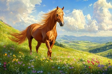 Obraz premium Majestic horse standing in a colorful meadow with hills and bright skies