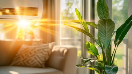 Obraz premium Sunlit living room with air conditioner and houseplant.