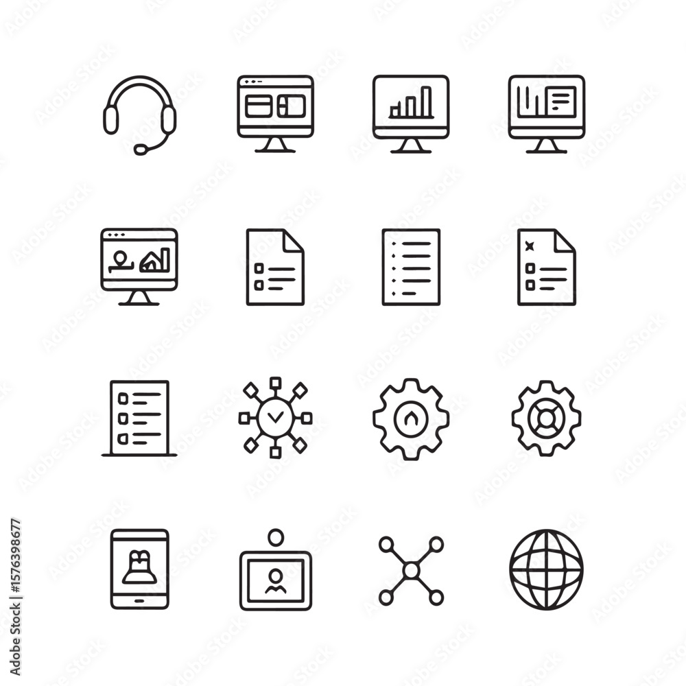 Poster collection of modern flat line icons representing business concepts like communication data analysis