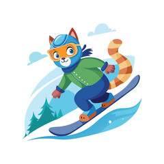 Cool snowboarding cat sliding fast down snowy slope, winter sports feline vector illustration, fun cartoon animal on white background, extreme sports, winter adventure design.