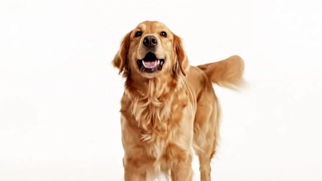 Golden Retriever with an open mouth and wagging tail against a white background