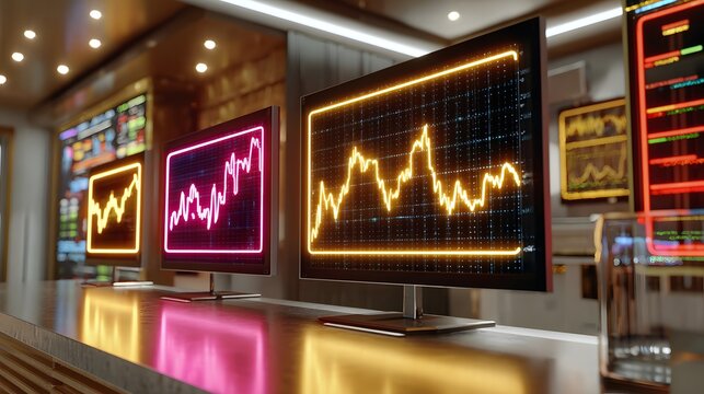 Digital Finance Trading Room with Monitors Displaying Stock Market Charts and Data Analysis