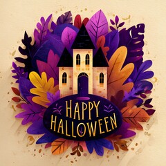 Colorful autumn leaves surround a whimsical house illustration, featuring vibrant hues of orange, purple, and yellow, creating a festive Halloween atmosphere with playful design elements