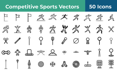 A collection of fifty black and white vector icons featuring sports and miscellaneous objects and symbols