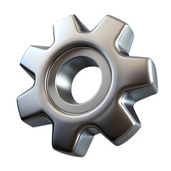 Shiny metallic gear with seven teeth and a central hole isolated on a transparent background cogwheel