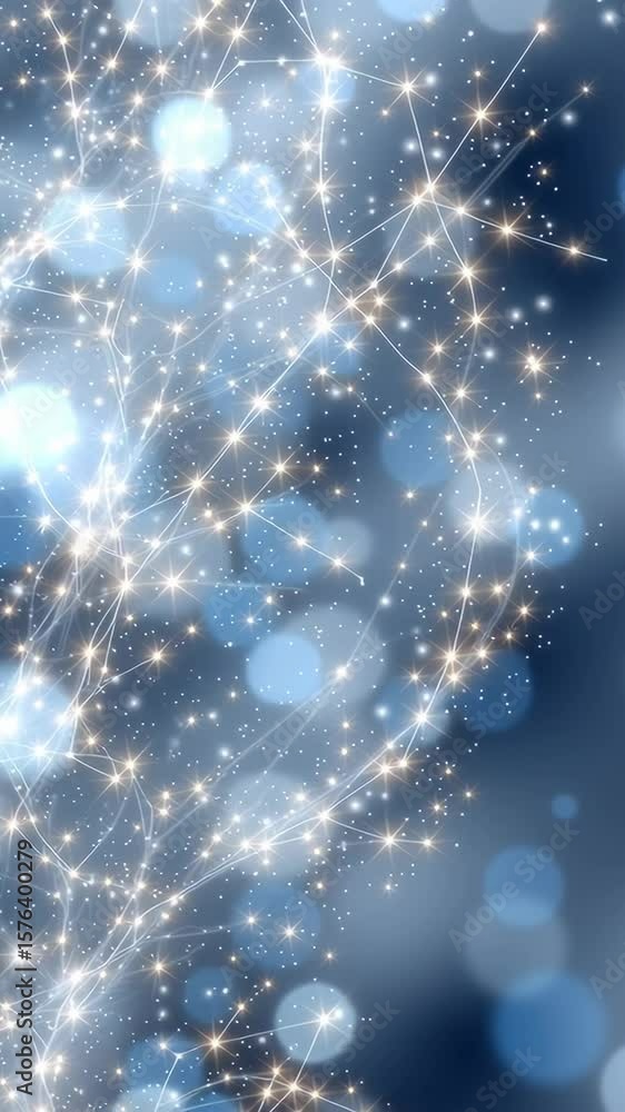 Poster interconnected network of stars: a mesmerizing array of white glittering stars and blue bokeh form a