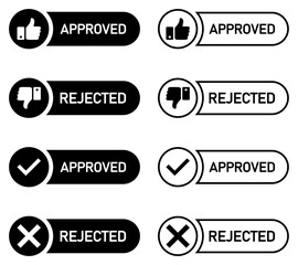 Set of approved and rejected labels with thumbs, check, and cross icons in filled and outlined style. Approved and rejected icons set in black color. Vector illustration. Flat design.