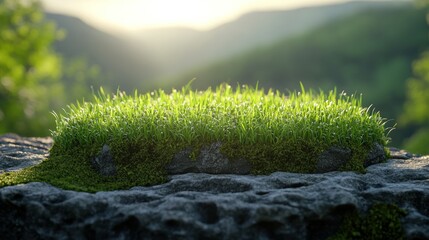 Fototapeta premium Fresh grass patch on a mossy rock, sunlight