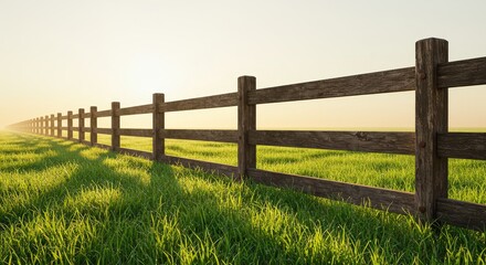 Obraz premium Sunrise Over Green Pasture Fence - Serene sunrise illuminates a rustic wooden fence bordering a lush green pasture, symbolizing peace, tranquility, nature, rural life, and boundaries