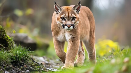Fototapeta premium Cougar walking through a grassy area.