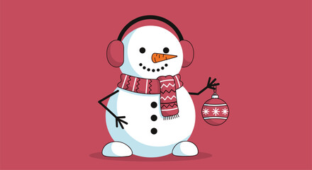 Adorable pixel art snowman wearing a scarf and headphones holding a festive christmas ornament
