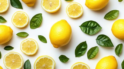 Fototapeta premium Fresh lemons and leaves arranged on white
