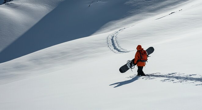 A lone snowboarder ascends a snow-covered mountain, carrying their board.