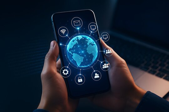 Global business and communication technology concept. Hand holding smartphone with digital globe, showing a network of apps and services for international connectivity and digital marketing.
